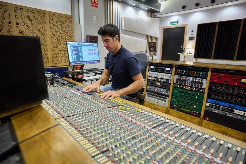 Ingeniero de mezcla trabajando en proyecto de cine en La Joya Music Córdoba.
